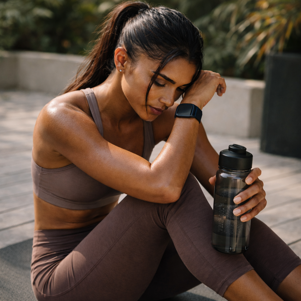 Woman relaxing & recovering after strenuous exercise.