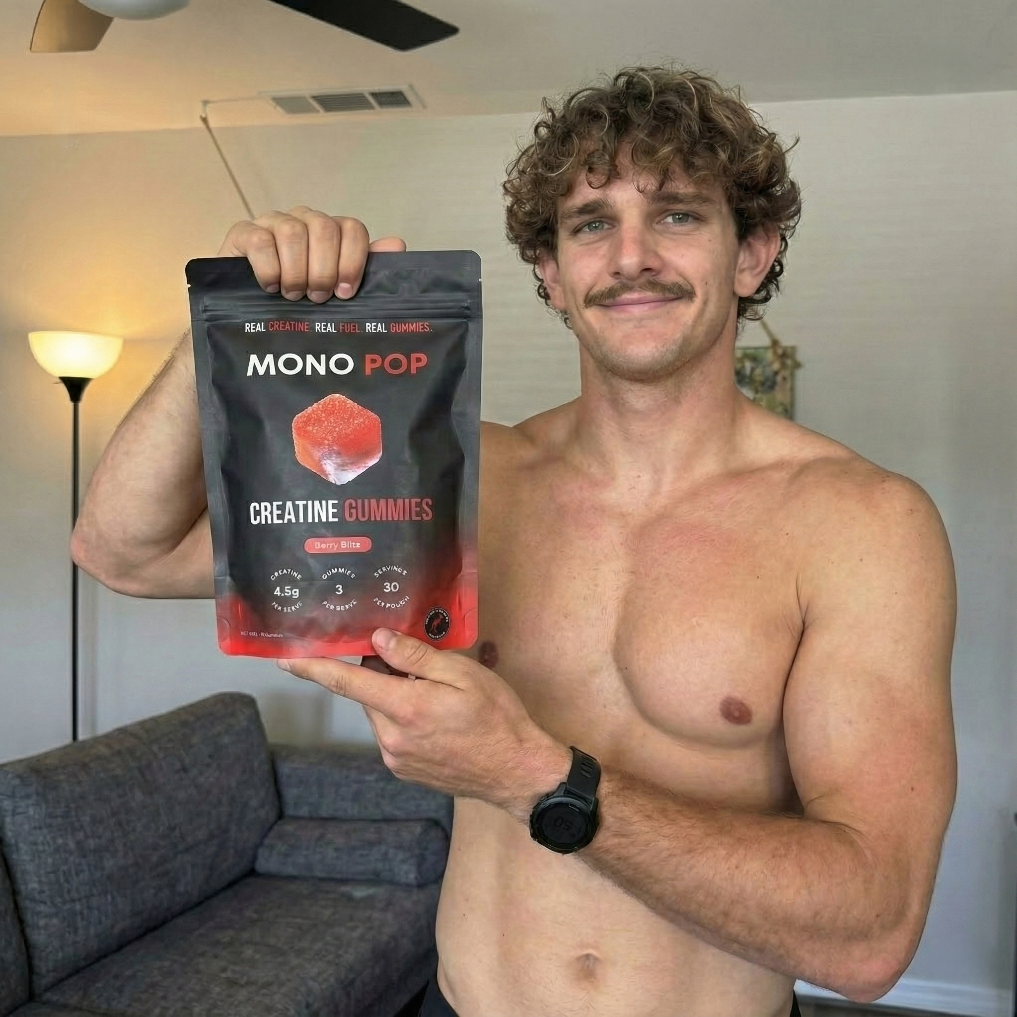 Customer review for Mono Fuel creatine gummies highlighting positive experience and results.