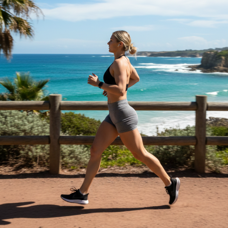 Woman running outdoors along a coastal path during endurance cardio workout.