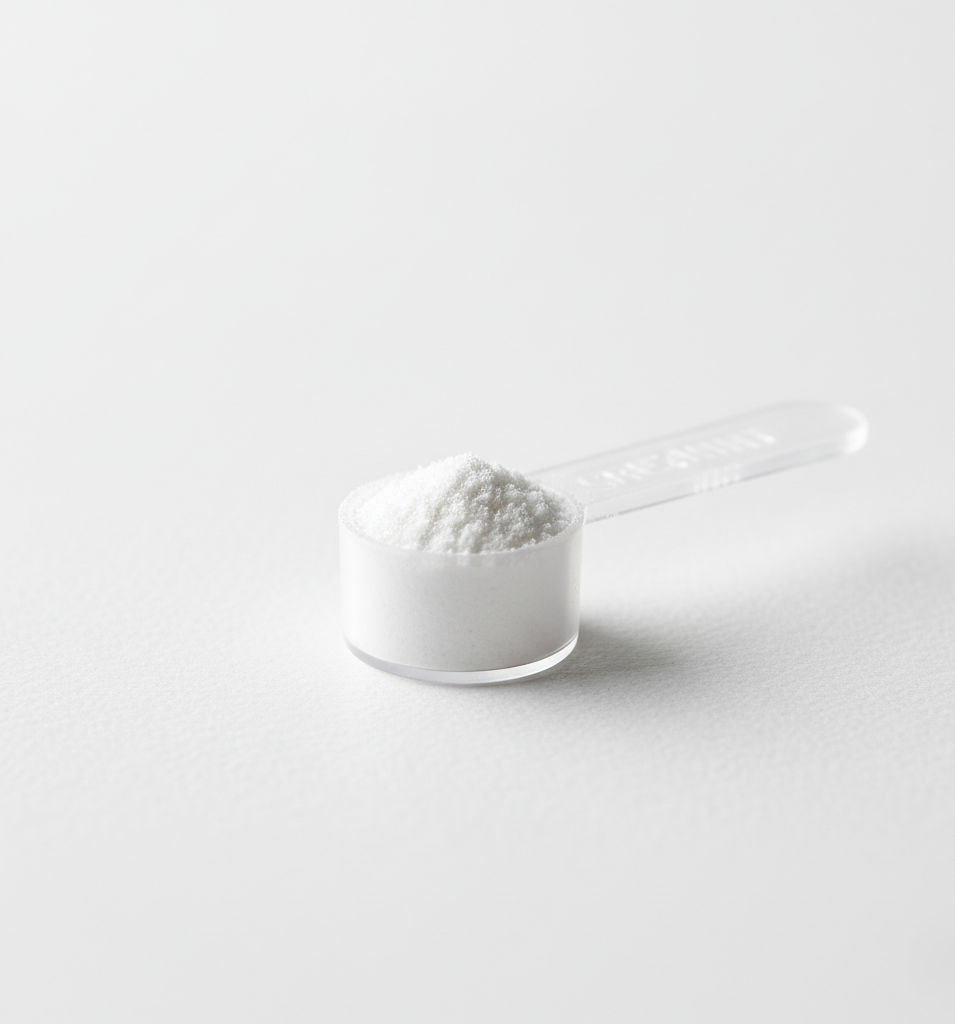 Measuring scoop filled with white creatine monohydrate powder on a white background.