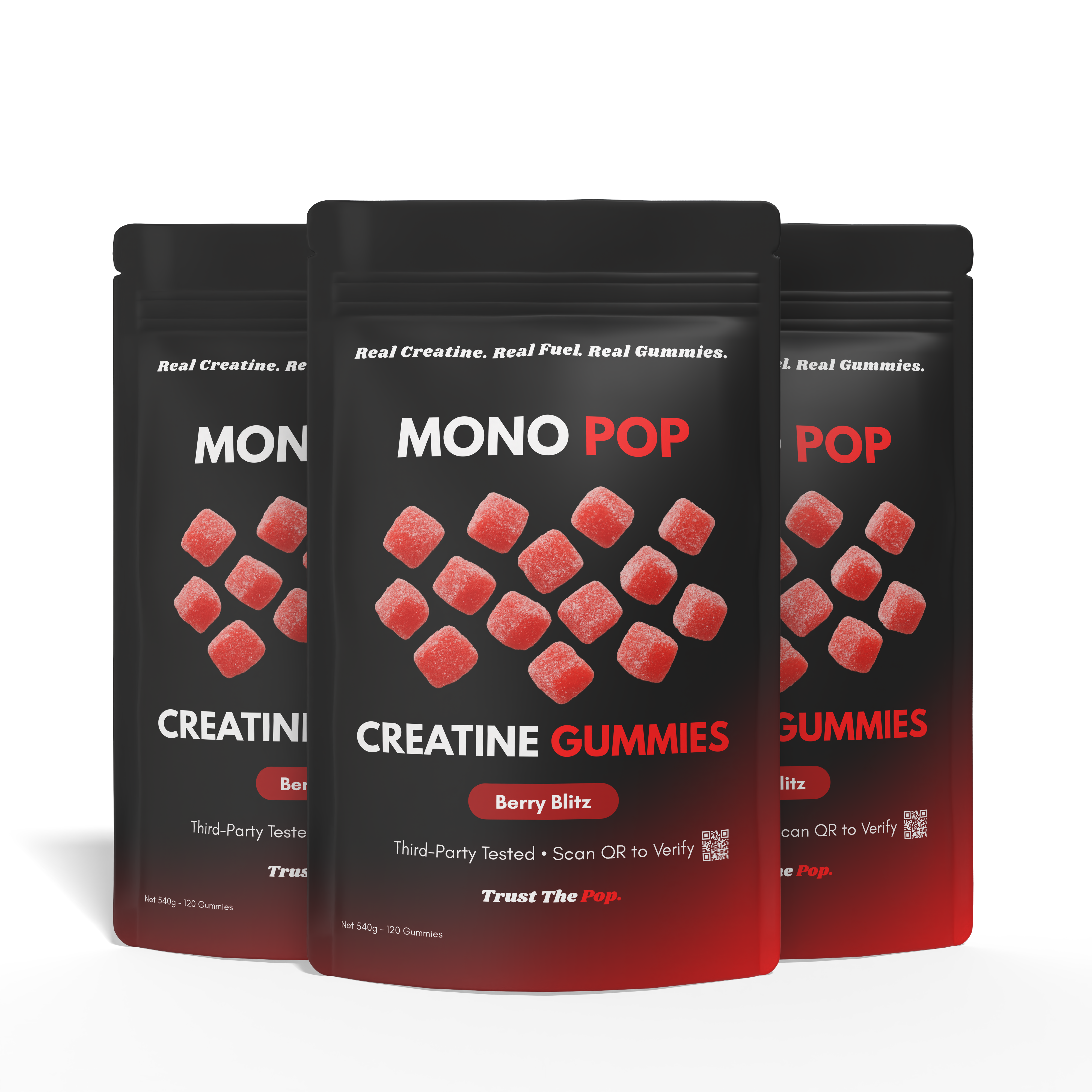 Mono Fuel creatine gummies in Berry Blitz flavor pouch with 4.5g creatine per serving and 30 servings per pack.