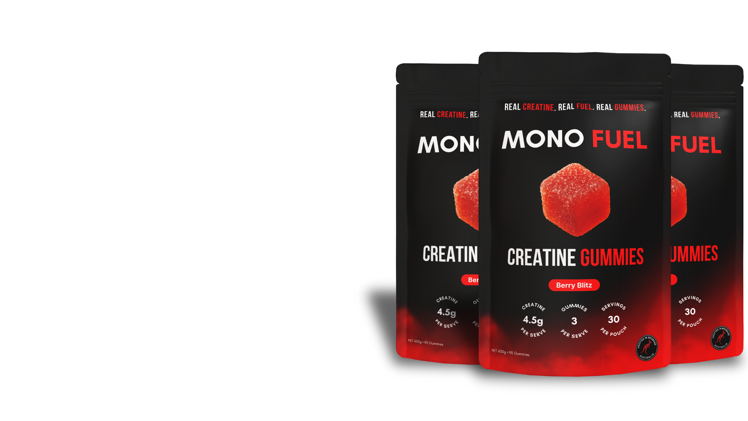 Mono Fuel creatine gummies in Berry Blitz flavor pouch with 4.5g creatine per serving and 30 servings per pack.